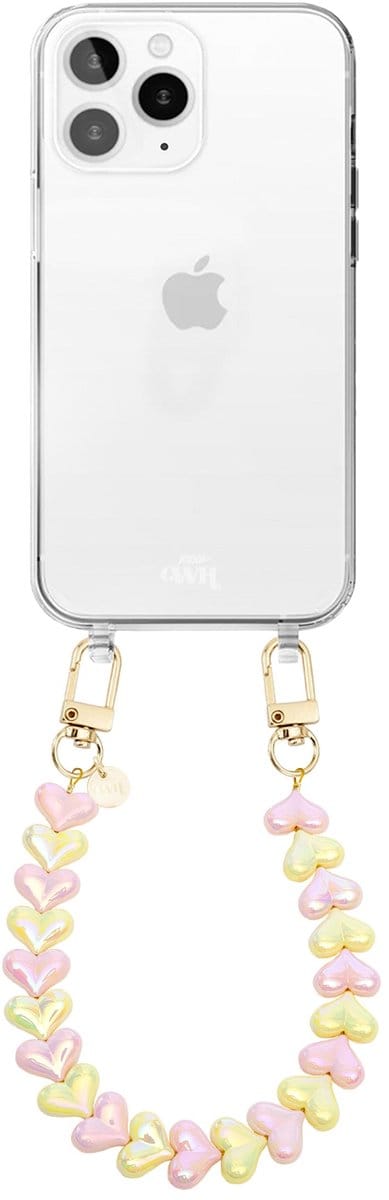 xoxo Wildhearts siliconen hoesje - Geschikt voor iPhone 12 Pro Max hoesje - Funky Hearts (Pink & Yellow Metallic) - Telefoonhoesje - Hoesje met koord - Roze en Geel koord - kort telefoonkoord - Hartjes ketting - Transparant hoesje