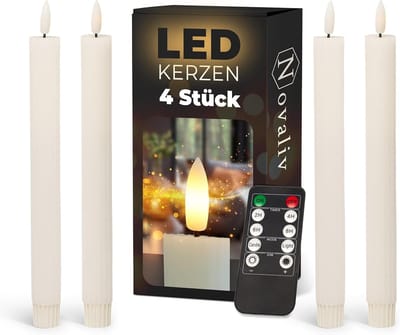 Novaliv LED-kaarsen met timer wit 4 stuks wit voor binnen - 6 uur - ECHTE WAS geribbeld 23 cm hoog voor kaarsen 2,2 cm diameter 2 AAA-batterijen LED-kaarsen flikkerende vlam bewegende vlam