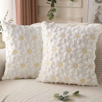 Kussensloop - Gepatroond kussen - Geel Bloemenhart Zonnebloem Zacht Pluche Kussensloop - 45×45cm - Boerderijdecoratie - Geschikt voor bankvakantie, lentedecoratie voor thuis（Wit） - Set Van 2