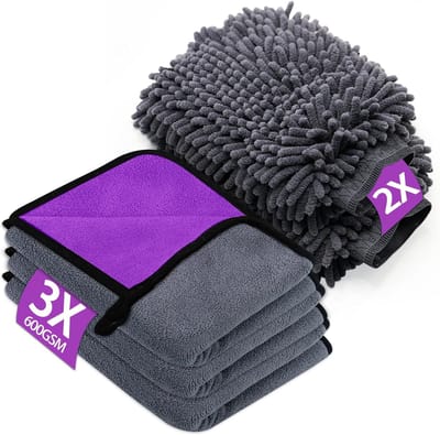 Set van 5 autopoetsdoeken, inclusief microvezeldoek en microvezelpoetshandschoenen, zeer absorberend, krasbestendig, paars.
