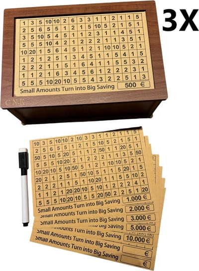 3X CNK- Houten Spaarpot met Aftelmethode – Spaardoos voor Volwassenen – Motiverende Money Box voor Spaardoelen (€500-€10.000) – Stimuleert Spaargewoonte - €500 - €1000 - €2000 - €3000 - €5000 - €10000