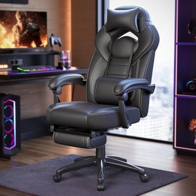 Ergonomische gamingstoel met telescopische voetensteun, verstelbare hoofdsteun en lendensteun, max. 150 kg - Zwart