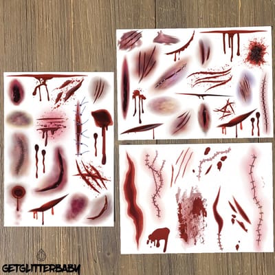 GetGlitterBaby® - Wonden Tattoos / Halloween Decoratie Versiering / Carnaval Schmink Make Up Plak Tattoos Bloed Grime / Tijdelijke Tattoo / Nep Tatoeage - Wond / Wonden - 3 stuks
