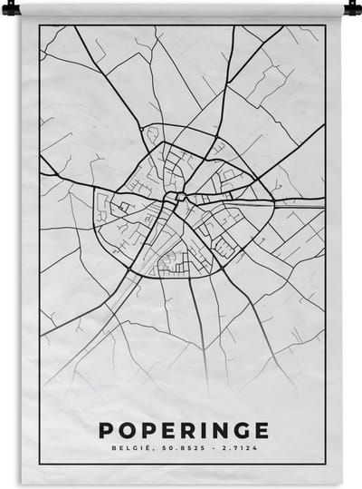 Wandkleed - Wanddoek - België – Poperinge – Stadskaart – Kaart – Zwart Wit – Plattegrond - 120x180 cm - Wandtapijt