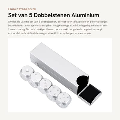 Dailygoods- Dobbelstenen Set van 5 - Aluminiumlegering - Tafelspel - Pokerspelletjes - Rechthoekige/Vierkante Doos - Duurzaam - Speelgoed
