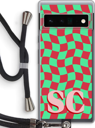Gepersonaliseerd - Case Company® - Hoesje met koord geschikt voor Google Pixel 6 Pro hoesje met Koord - Grid Monogram - Telefoonhoesje met Zwart Koord - Bescherming aan alle Kanten en Over de Schermrand