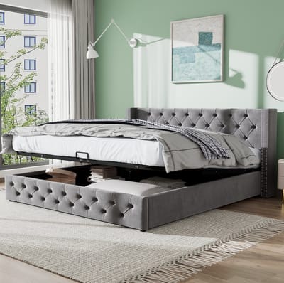 Gestoffeerd bed, oorvormig ontwerp, dubbele rij klinknagels, flanellen stof, met knopen afgewerkt hoofd- en voeteneinde, tweepersoonsbed afmetingen 140*200 mm, hydraulische functie, bedframe gemaakt van vlekbestendige zwarte non-woven stof, grijs