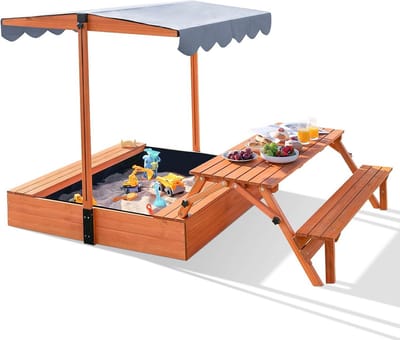 Zandbak met deksel, kinderzandbak met opvouwbare picknicktafel, zandbak met afdekking, upgrade intrekbaar dak, houten speelset voor kinderen buiten voor achtertuin