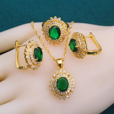 Nieuwe Groene Zirkonia Vergulde Sieradensets Voor Vrouwen Kristallen Oorbellen Ketting Verstelbare Ring Armband Bruiloftscadeau resizable beige