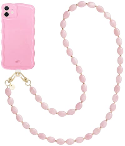 xoxo Wildhearts Glossy Wavy Case Bubble Blush - Ocean Blush (lang koord) - geschikt voor iPhone 12 - hoesje met telefoonkoord - afneembaar koord - Kralenketting - lang telefoonkoord - hoesje met golven - Roze
