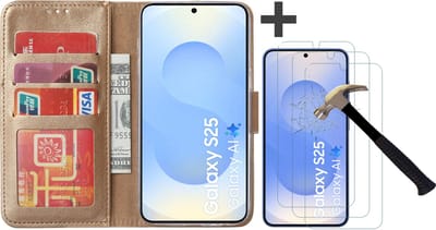 Hoesje met 3 Stuks Screenprotectors Geschikt voor Samsung Galaxy S25 – Arara bookcase met pasjeshouder - Goud