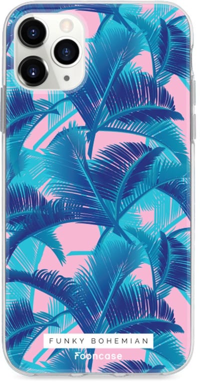 Fooncase Hoesje Geschikt voor iPhone 11 Pro Max - Shockproof Case - Back Cover / Soft Case - Funky Bohemian / Blauw Roze Bladeren
