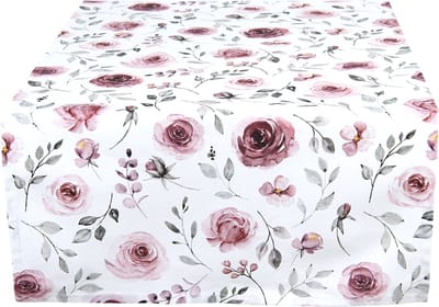 Clayre & Eef Tafelloper 50x140 cm Wit Roze Katoen Rozen