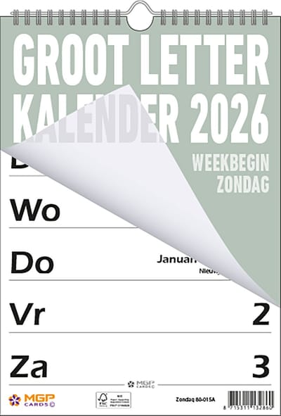 MGPcards - Grootletter kalender 2026 - Grootcijfer kalender - Week Planner - Week begint op zondag - 21 x 34 cm - Grijs groen