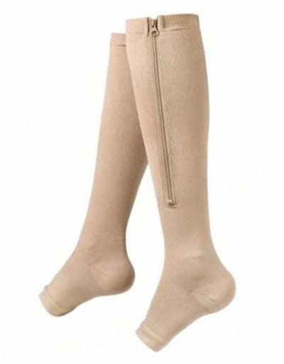 Compressiekousen - Steunkousen - Compressie sokken - Verbetert de bloedcirculatie - Vliegtuigsokken - Sportsokken - Ondersteunend - Beige - L/XL - 1 Paar - Met rits en open teen - Jonyx