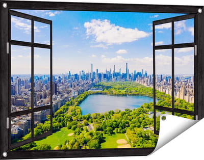 Gards Tuinposter Doorkijk Central Park in New York met Wolkenkrabbers - 90x60 cm - Tuindoek - Tuindecoratie - Wanddecoratie buiten - Tuinschilderij