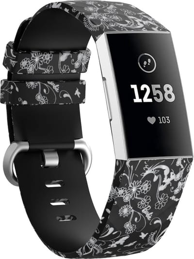 Siliconen Smartwatch bandje - Geschikt voor Black Flower Fitbit Charge 3 / 4 bandje - Strap-it Horlogeband / Polsband / Armband - Maat: Maat S