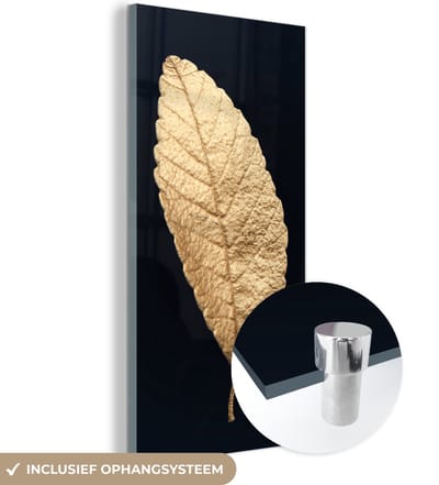 MuchoWow® Glasschilderij 60x120 cm - Schilderij acrylglas - Black en gold - Bladeren - Zwart - Planten - Luxe - Foto op glas - Schilderijen