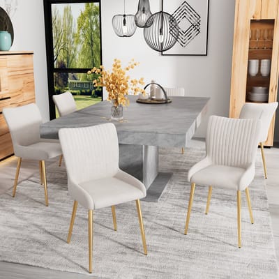 Eetkamerstoel - Set van 6 - Luxe Stoel - Beige Stoel - Woonkamer Stoel - Slaapkamer Stoel - Lounge Stoel - Eetkamerstoelen met Gouden Metalen Poten - Comfortabele Stoel met Lendensteun - Moderne Stoelen - Beige