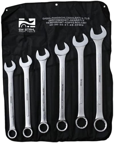 SW-Stahl 00927L Jumbo-ringsteeksleutelset I 6-delig I 34-50 mm extra lang I van koolstofstaal I incl. roltas I ringsleutel