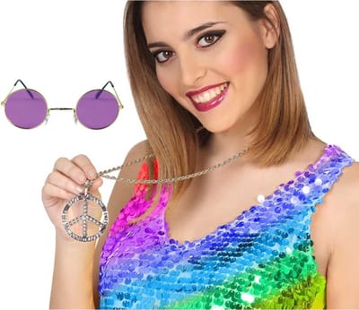 Hippie Flower Power verkleed accessoires set - ronde glazen bril paars - peace teken ketting - Sixties thema