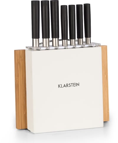 Klarstein 7-delige keukenmessenset met blok, 7 keukenmessen, houten messenblok en snijplank, scherpe roestvrijstalen keukenmessensets, krasbestendig, professionele kokskeukenset