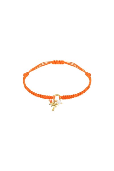 Palm Paradise Dames Armband - Verstelbaar Koord - Oranje - Stainless Steel - Imitatie Parel - Kristal - Touw armband - Polyester armband - Enkelbandje - Charm sieraden - Ibiza - Boho - Cadeau - Festival