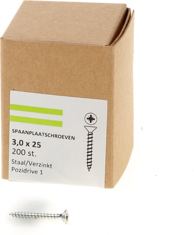 Hoenderdaal Spaanplaatschroef verzinkt platverzonken kop PZ1 voldraad 3.0X25 (per 200 stuks)