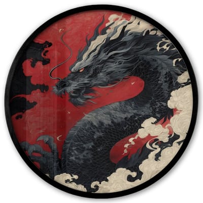 Poster in lijst Rond - Fotolijst 40x40 cm - Posters - Zwarte draak - Rookwolken - Rood - Ronde posterlijst zwart - Decoratie - Wanddecoratie woonkamer - Muurdecoratie slaapkamer