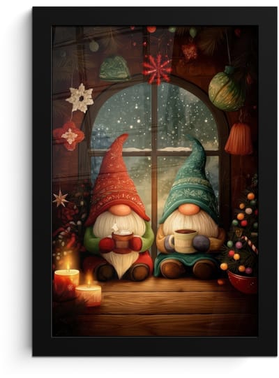 Poster in lijst - Fotolijst 20x30 cm - Posters - Gnooms - Kerst - Raam - Kleurrijk - Posterlijst zwart - Decoratie - Wanddecoratie woonkamer - Muurdecoratie slaapkamer - Kerstversiering - Kerstdecoratie voor binnen - Kerstmis
