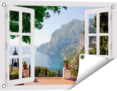 Gards Tuinposter Doorkijk Uitzicht op Zee - 60x40 cm - Tuindoek - Tuindecoratie - Wanddecoratie buiten - Tuinschilderij