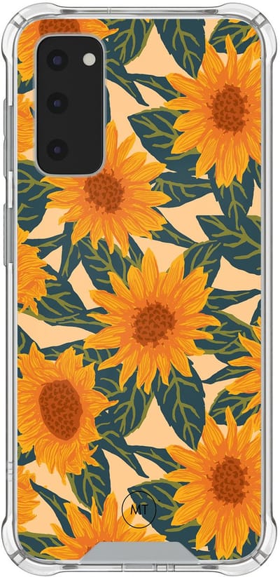 Hoesje (shockproof) geschikt voor Samsung Galaxy S20 FE - Zonnebloemen - Extra sterke case - TPU/polycarbonaat - Bloemen - Oranje, Transparant