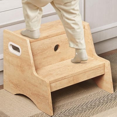 Kinderen Stapstoel met 2 Treden, Antislip Pads en Handvatten voor Badkamer en Keuken, Ideaal voor Kinderen, Houten Design, Veilig en Praktisch