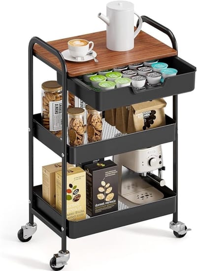 PromoHome Drie-laags Opbergkar met Werkblad - Multifunctionele Verrijdbare Trolley voor Huis en Kantoor