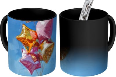 Magische Mok - Foto op Warmte Mokken - Koffiemok - Ballonnen - Goud - Stervorm - Roze - Magic Mok - Beker - 350 ML - Theemok