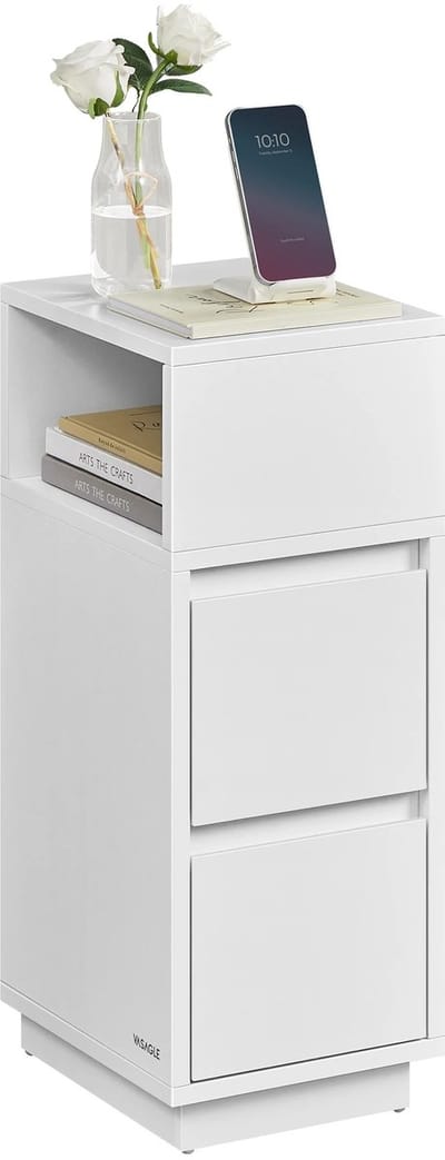 Solvix Nachtkastje – Bijzettafel – Nachtkastjes – Nachtkastje Wit met 2 Lades en Open Vak – Smal Design – Voor Slaapkamer en Woonkamer