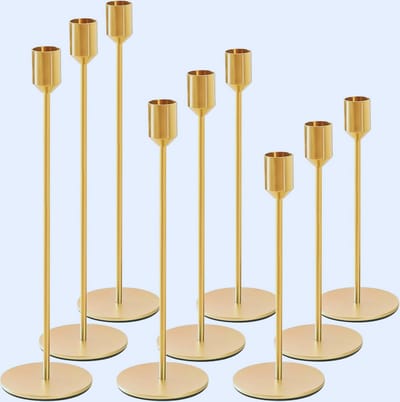 Set Van 9 Gouden Metalen Kandelaars - Vintage Hoge Kandelaren (34/28/24 Cm) Voor Valentijnsdag - Kerst En Bruiloft Decoratie