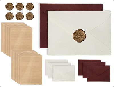 Dailygoods- Briefpapierset Vintage - 6 A5 Brieven - 20 Enveloppen - Zegelstempelstickers - Retro Design - Linnen/Kraftpapier - Briefpapier