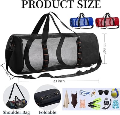 Diving Scuba - Surfing Snorkeling Dive Mesh Beach Bag Duffle Bags with Zipper and Adjustable Shoulder Strap for Travel Fitness Camping Swim Gym Gears Balls 23” x 11”