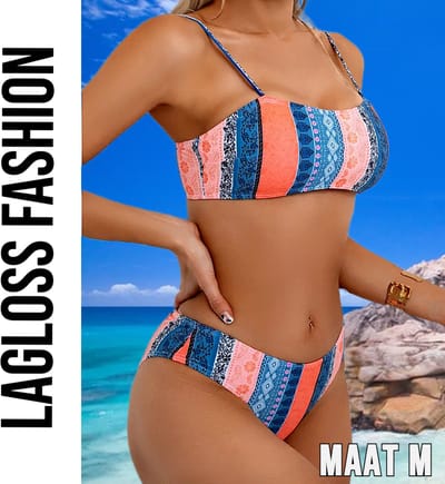 LaGloss® Dames Bohemian Bikini Set – Patchwork Oranje & Blauw – Haltertop – Hoog Elastisch – Sexy 2-delig Bikinimodel – Maat M