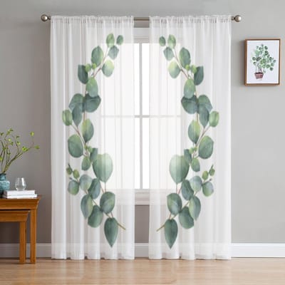 Eucalyptus Bladeren En Takken Transparante Gordijnen Voor Slaapkamer Woonkamer Tule Gordijnen Voor Keuken Voile Gordijnen Raambekleding 135W x 114H(cm) white