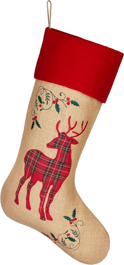 BRUBAKER Kerstsok om te Vullen en op te Hangen - 52 cm Grote Kerstsok van Jute - Kerstdecoratie - Kerstsokken voor Kerstmis - Christmas stocking - Kerst Versiering - Rendier Rood Ruitjespatroon