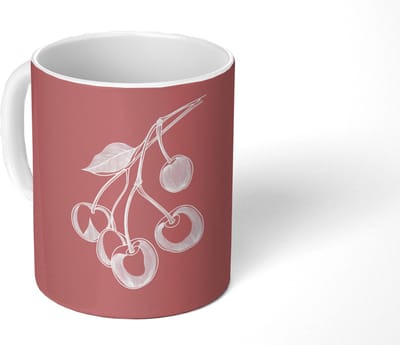 Mok - Koffiemok - Lijnillustratie - Kersen - Tak - Wit - Mokken - 350 ML - Beker - Koffiemokken - Theemok