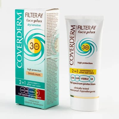 Coverderm Filteray Face Plus Dry Sensitive / Getinte 2in1 zonnecrème voor de droge, gevoelige huid Licht Beige SPF 30 50 ml