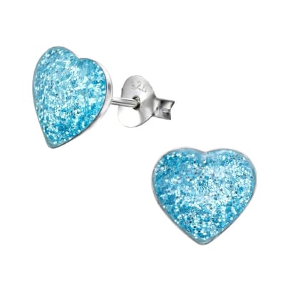 Aramat Jewels | Oorbellen | Zilveren Hartje Oorstekers – 925 Zilver -Emaille | Blauw Glitter-9mm | |7mm | Zilver | Kinderen, Volwassenen | Verkleurd niet