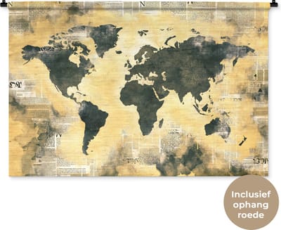 Wandkleed WereldkaartenKerst illustraties - Donkere wereldkaart met oranje en donkergrijze verf op achtergrond van krantenpapier Wandkleed katoen 120x80 cm - Wandtapijt met foto