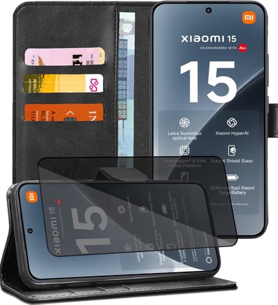 Hoesje geschikt voor Xiaomi 15 - Privacy Screenprotector Volledig Dekkend Glas - Portemonnee Book Case Zwart