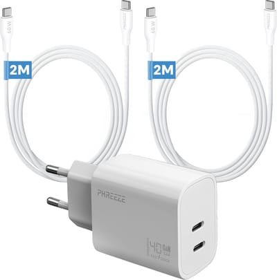 Phreeze 40 W usb C oplader - Dual port GaN charger met 2 usb C naar usb C kabels 2m - Snellader voor telefoon en tablet