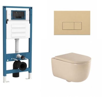 QeramiQ Dely Swirl Toiletset - inbouwreservoir Qeramiq Flush - 35mm zitting - kunststof beige bedieningsplaat - rechthoekige knoppen - beige