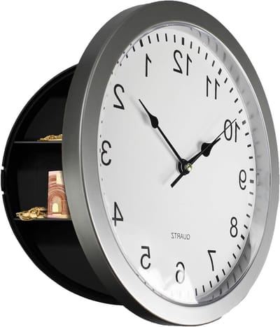 Wandklok met kluis - Geheime opberger - Waardevolle spullen bewaren - Onopvallend design - 5 cm diep - Zilver